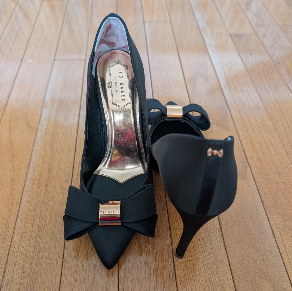 Ted Baker Satin Black Heels with Bow Accent